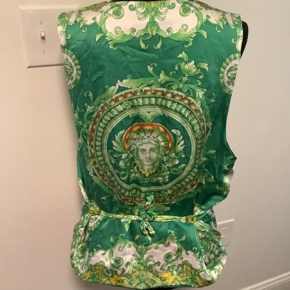 Vintage 100% Silk Green Baroque Medusa Print Button Front Vest Cinch Back XL - Picture 2 of 9